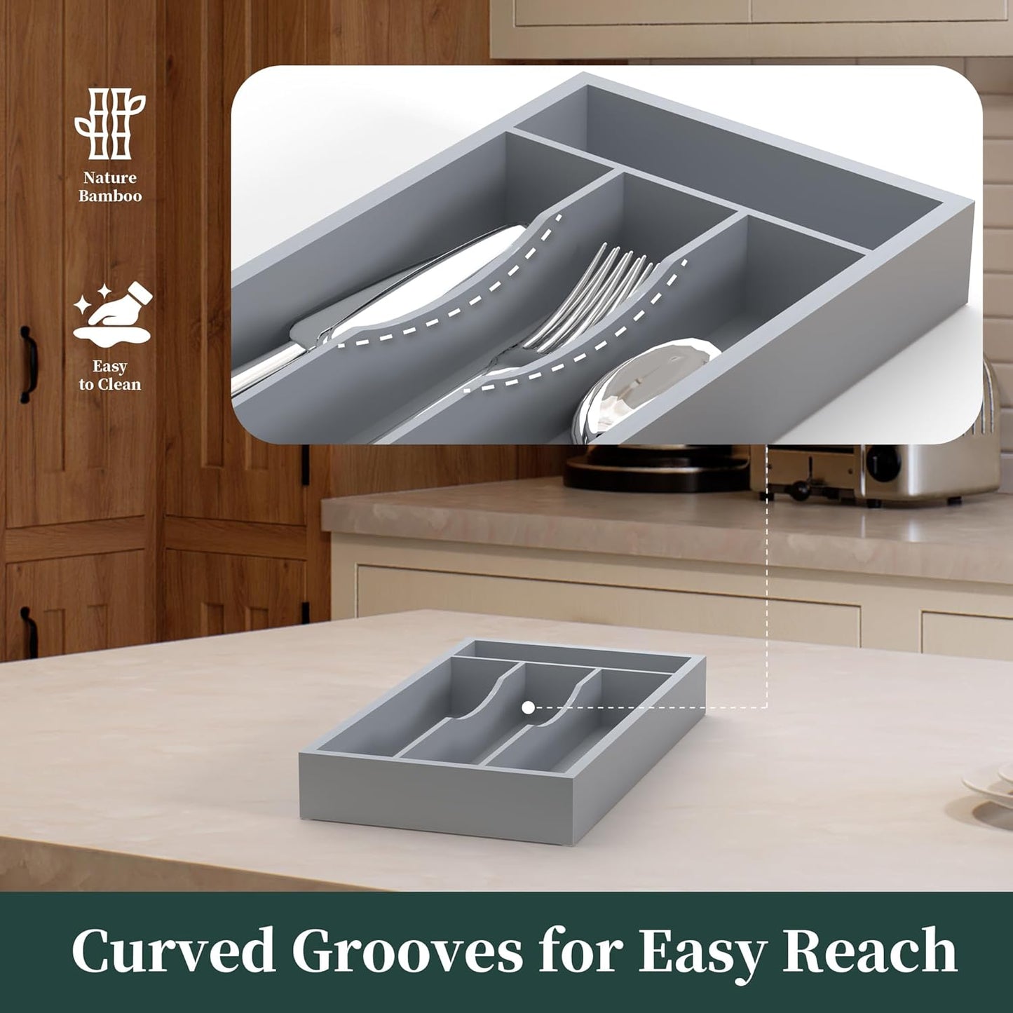 Small Silverware Organizer, Bamboo Kitchen Drawer Organizer, Utensil Holder, Cutlery Tray & Spoon Flatware Storage with Grooved Drawer Dividers (6.7''W x 12''D)