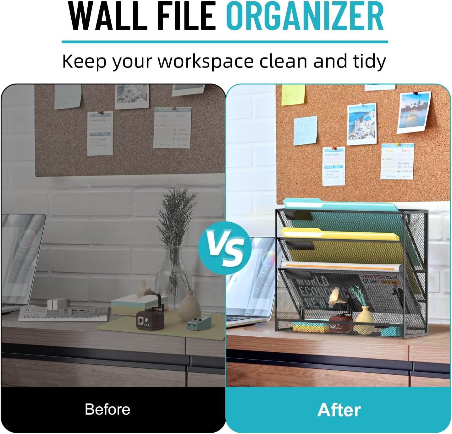 SUPEASY 5 Tier Wall File Organizer, Hanging Wall Mounted Mail Organizer with Label Slots, Metal Mesh File Holder Magazine Rack for Office, Home, School or Classroom, Black