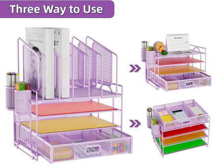 Marbrasse Desk Organizer with Drawer, 4-Tier Mesh File Organizer with 5 Vertical File Holders and 2 Pen Holders, Multifunction Desktop Organizer,Desk Organizers and Accessories for Home Office