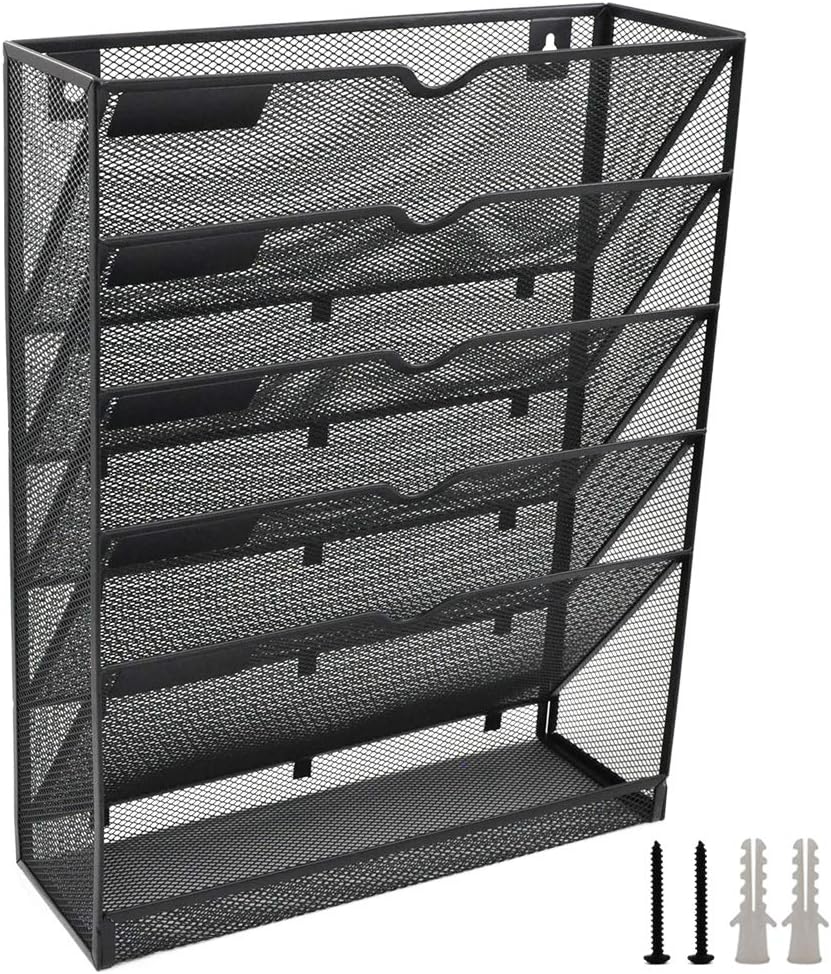 EASEPRES Desk File Organizer Mesh 6-Tier, Hanging Wall Mount Document Organization Stand, Desktop Vertical Mail Paper Folder Holder Rack with Bottom Tray for Office Home Cubicle Countertop, Black