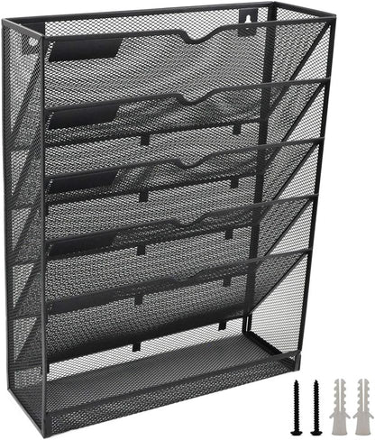 EASEPRES Desk File Organizer Mesh 6-Tier, Hanging Wall Mount Document Organization Stand, Desktop Vertical Mail Paper Folder Holder Rack with Bottom Tray for Office Home Cubicle Countertop, Black