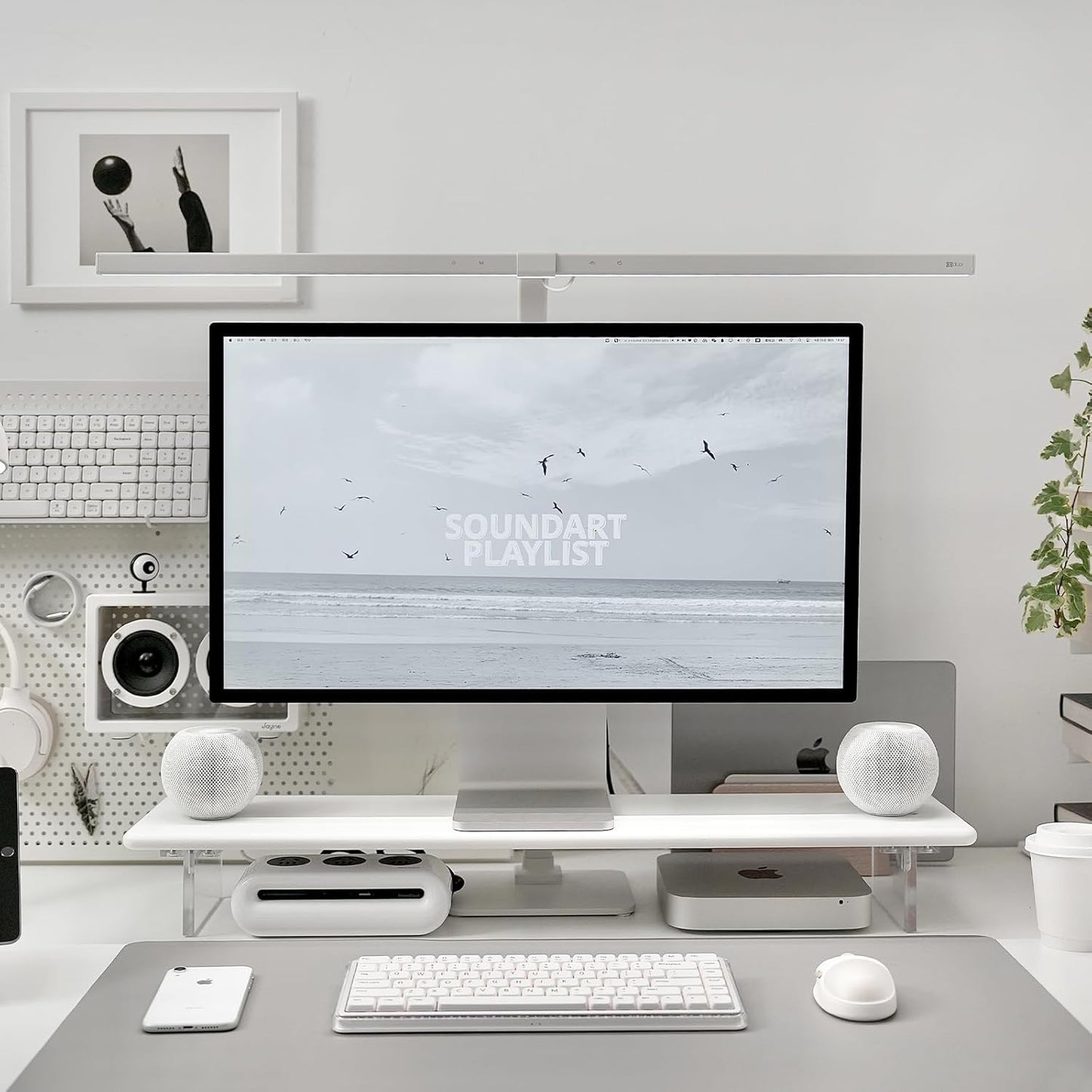 Bamboo Monitor Stand Riser with Acrylic Legs for Desk, 31.5 Inches Desktop Shelf Supports for PC Computer Monitor, Laptops, Printer, Speakers (White)