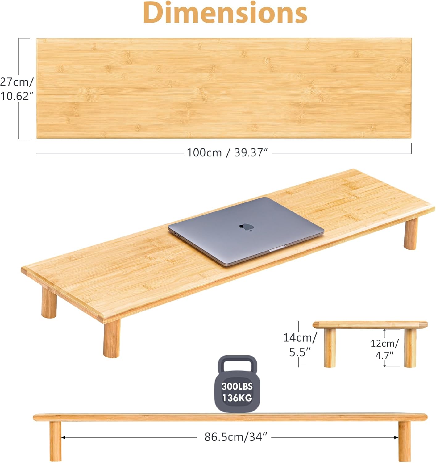 Bamboo Dual Monitor Shelf, Monitor Stand Riser with Underneath Storage for Desk Office Supplies, Supports Heavy TV up to 300 lbs, Natural