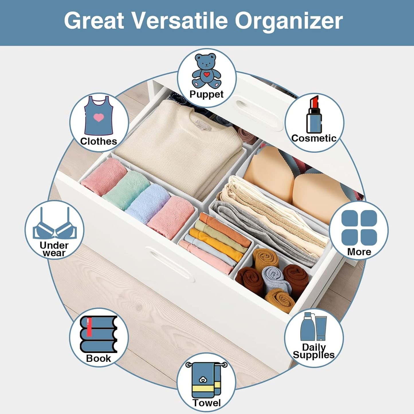 Criusia Drawer Organizer Clothes, 8 Pack Underwear Organizer, Foldable Closet Organizers and Storage Dresser Dividers for Clothes, Socks, Scarves, Ties (Gray)