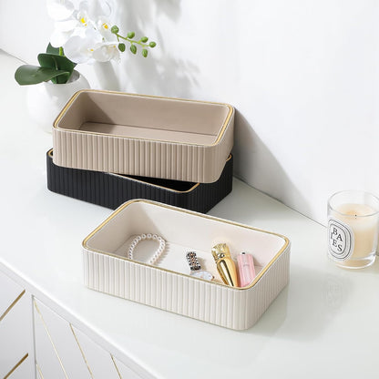 Desk Organizer Tray, PU Leather Nightstand Organizer Perfume Valet Tray for Men Women, Decorative Vanity Trays Trinket Dish Key Bowl for Entryway Table (2pcs, Ivory, Large+Small)