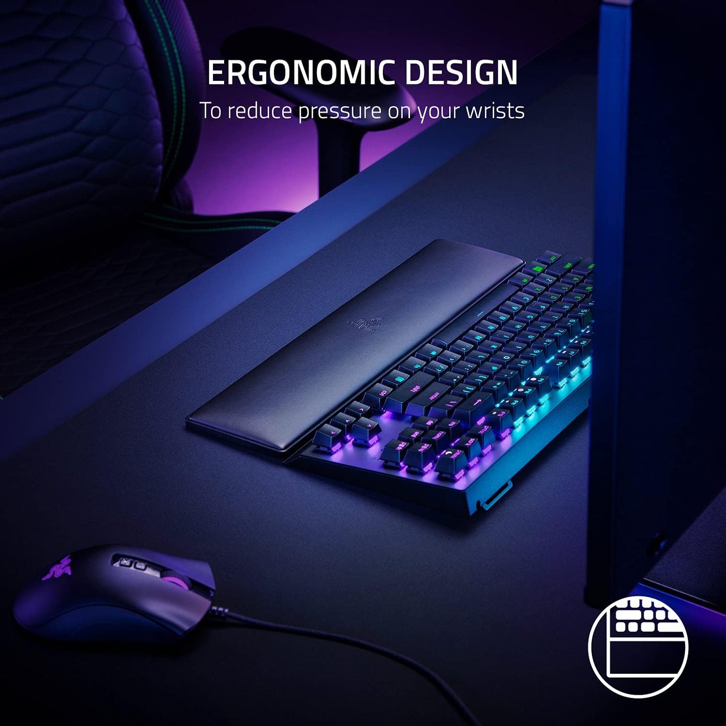 Razer Ergonomic Wrist Rest for Mini Keyboards: Plush Leatherette Memory Foam Cushion - Anti-Slip Rubber Feet