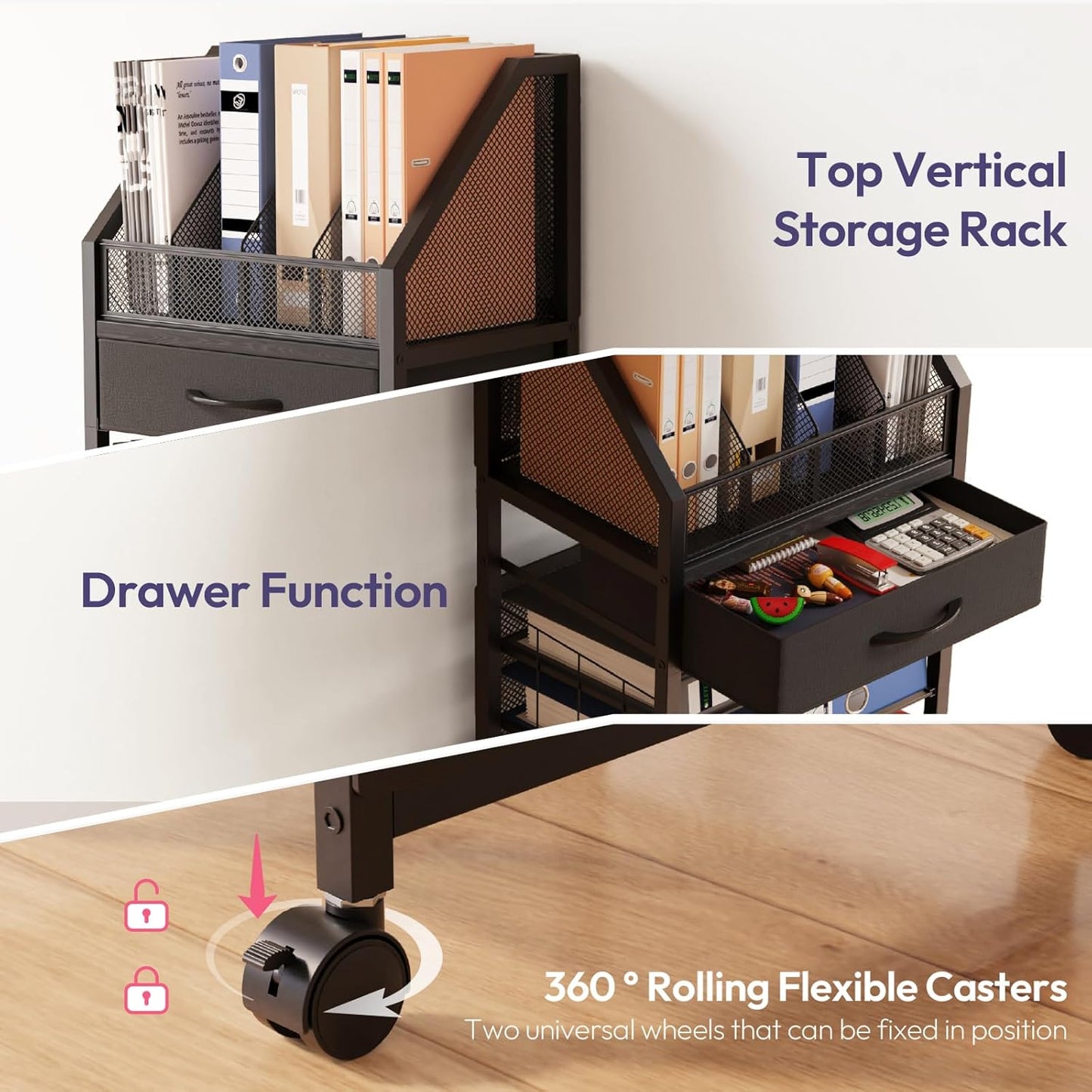 SWTYMIKI Desk Organizer with Drawers - Mesh and Wood Desk File Organizer with Pen Holders, 4-Tier Paper Organizer for Office Organizer and Accessorie, School and Home Storage, Black
