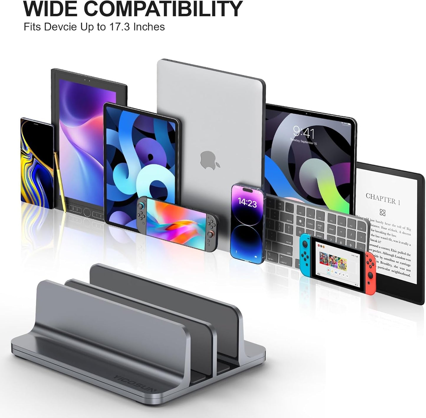 YICOSUN Aluminum Vertical Laptop Stand for Desk - Adjustable Width Dock for MacBook, Surface, Samsung, HP, Dell up to 17.3 inches - Space-Saving & Protective Design - Gray