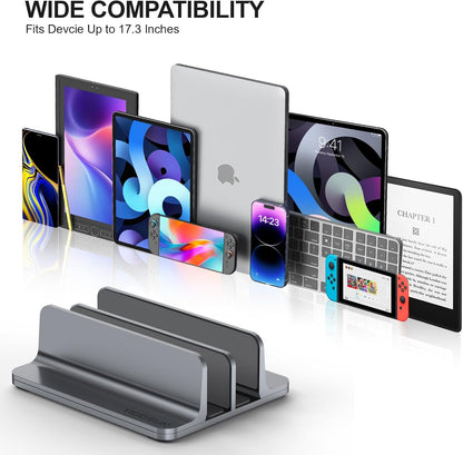 YICOSUN Aluminum Vertical Laptop Stand for Desk - Adjustable Width Dock for MacBook, Surface, Samsung, HP, Dell up to 17.3 inches - Space-Saving & Protective Design - Gray