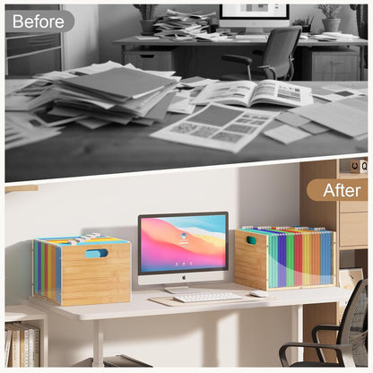 Sbanmao Clear Acrylic File Box Organizer, Bamboo Hanging Folder Storage Boxes, Filing Crate Bin Holder with Handle for Home Office Desk, Letter Size