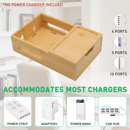 Bamboo Charging Station for Multiple Devices, Desktop Wood Charger Organizer with Drawer & Tray -Included 6 Cables, Compatible with Multi Devices, Cell Phone, Tablet, Earphones (No USB Charger)