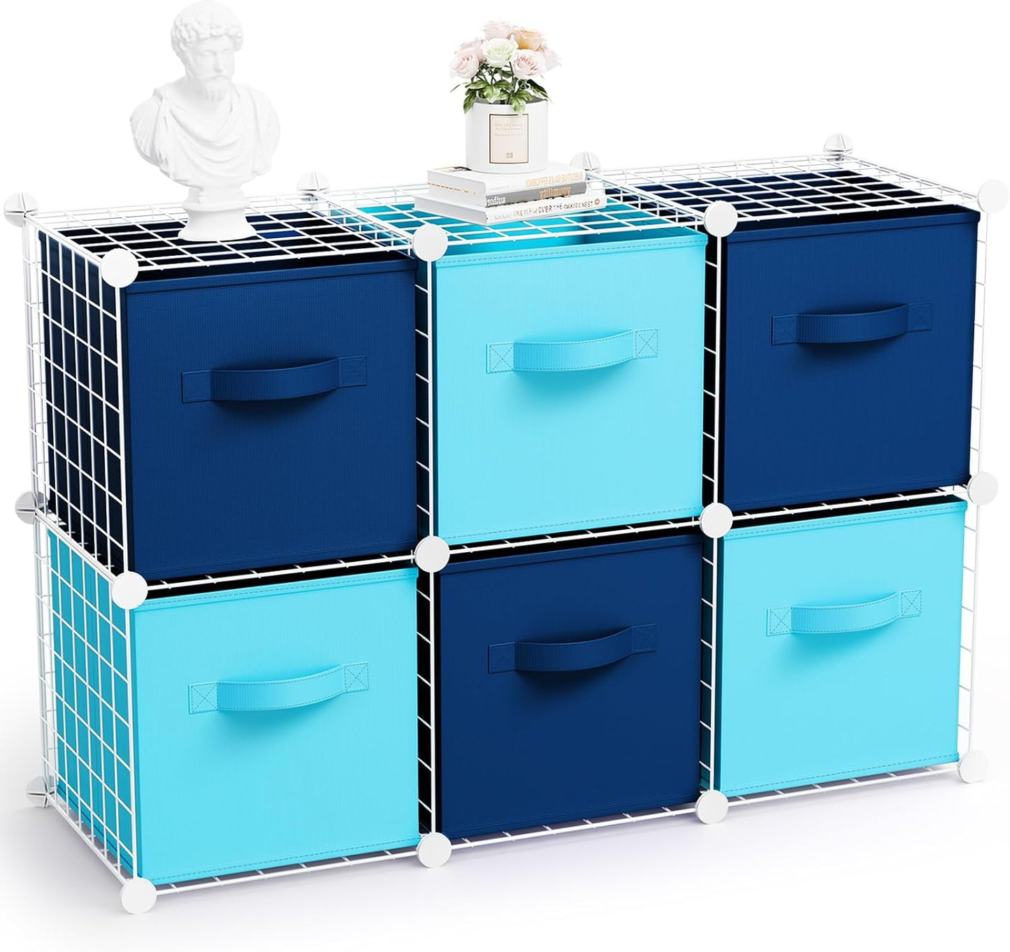 Leinuosen 6 Cube Storage Organizer with Fabric Bins, Wire Grid Stackable Shelves, Modular Storage Units for Bedroom Living Room Office Toys Book Craft(Black,Gray)