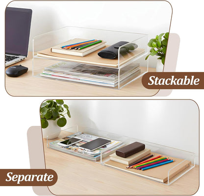 2 Pack Clear Acrylic Stackable Paper Letter Tray Organizer Desktop File Organizer for Office Workspace Document Storage, 12.4x8.7x2.75 Inch