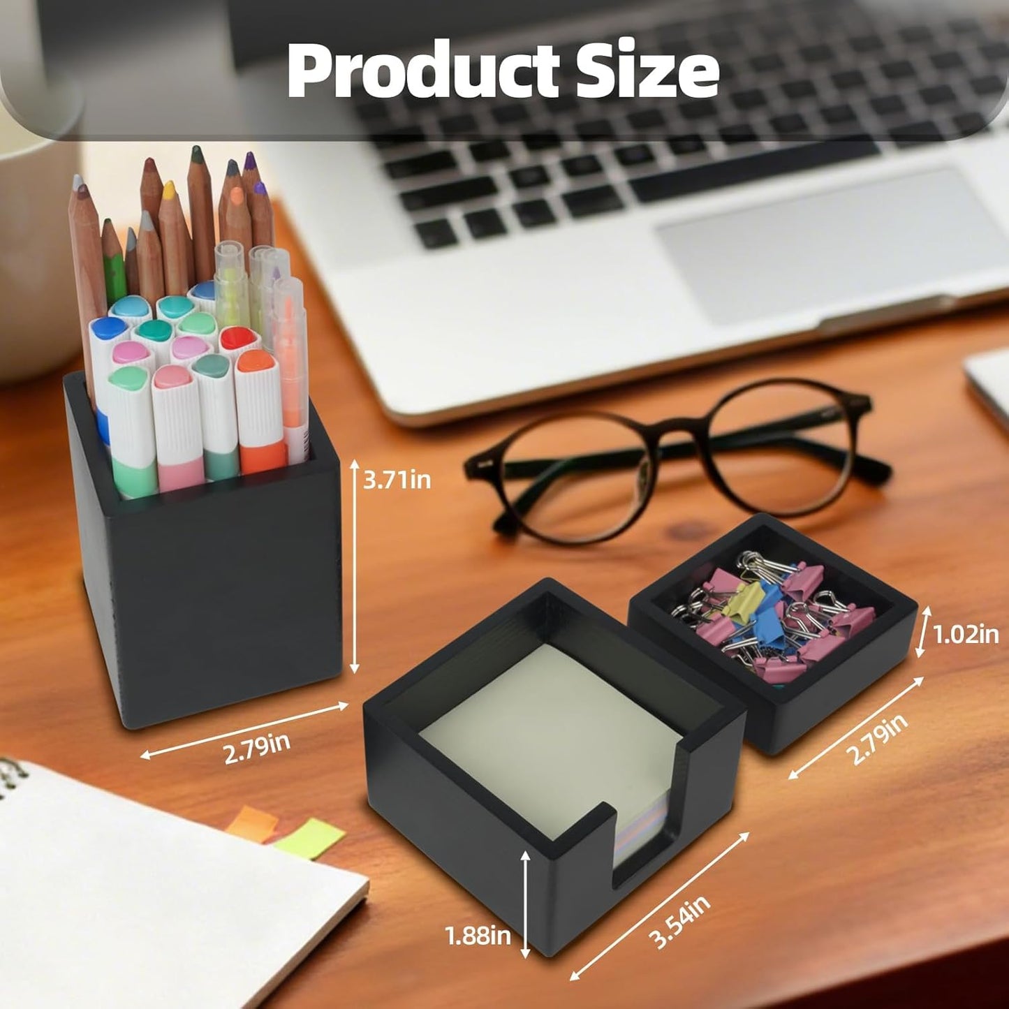 RAWILL 3 PCS Black Wooden Desk Organizer Set Pine Wood Office Desk Accessories with Pen Holder, Paperclip Storage and Sticky Note Holder, Wood Grain Clear, Ideal Gift for Office and Family