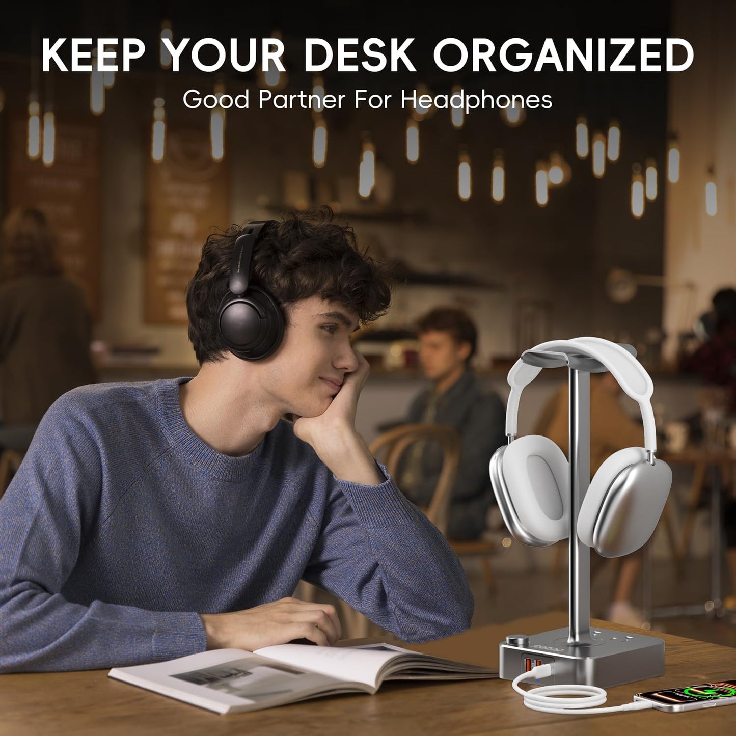 COZOO Headphone Stand with USB Charger Desktop Gaming Headset Holder Hanger with 3 USB Charging Station and 2 Outlets Power Strip,Suitable for Gaming, DJ,Wireless Earphone Display, Gamer Gifts for Men