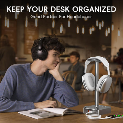 COZOO Headphone Stand with USB Charger Desktop Gaming Headset Holder Hanger with 3 USB Charging Station and 2 Outlets Power Strip,Suitable for Gaming, DJ,Wireless Earphone Display, Gamer Gifts for Men