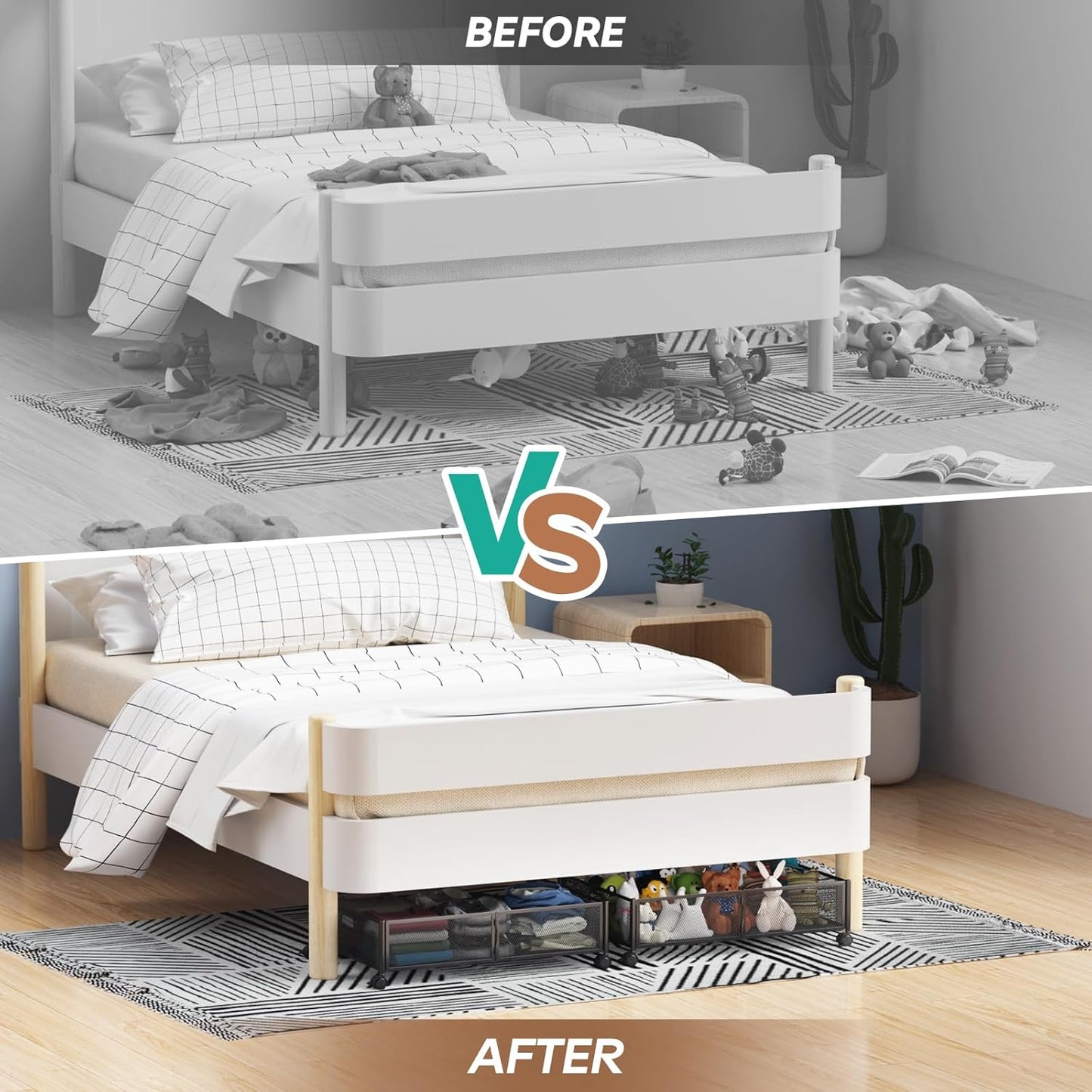 PHINOX Under Bed Storage Containers with Wheels, Under Bed Shoe Storage Organizer Drawer, Tool-free Assembly Metal Storage Containers for Bedroom Clothes Shoes Blankets -2PCK