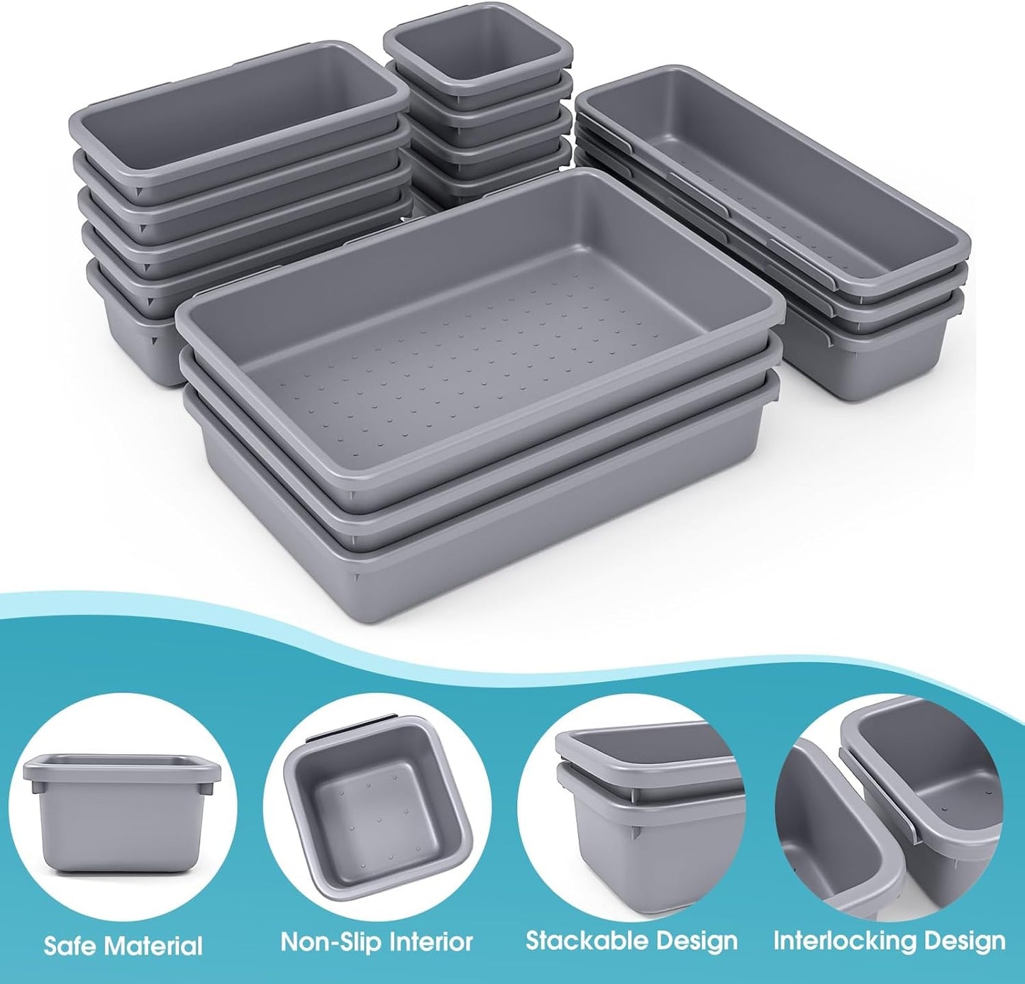 StoreHappily 10 PCS Drawer Organizer Set, 4 Size Makeup Drawer Divider Organizer With Non-Slip Pads, Interlocking Plastic Storage Bins for Office,Jewelry Vanity,Gadgets, Bathroom,Kitchen, Black