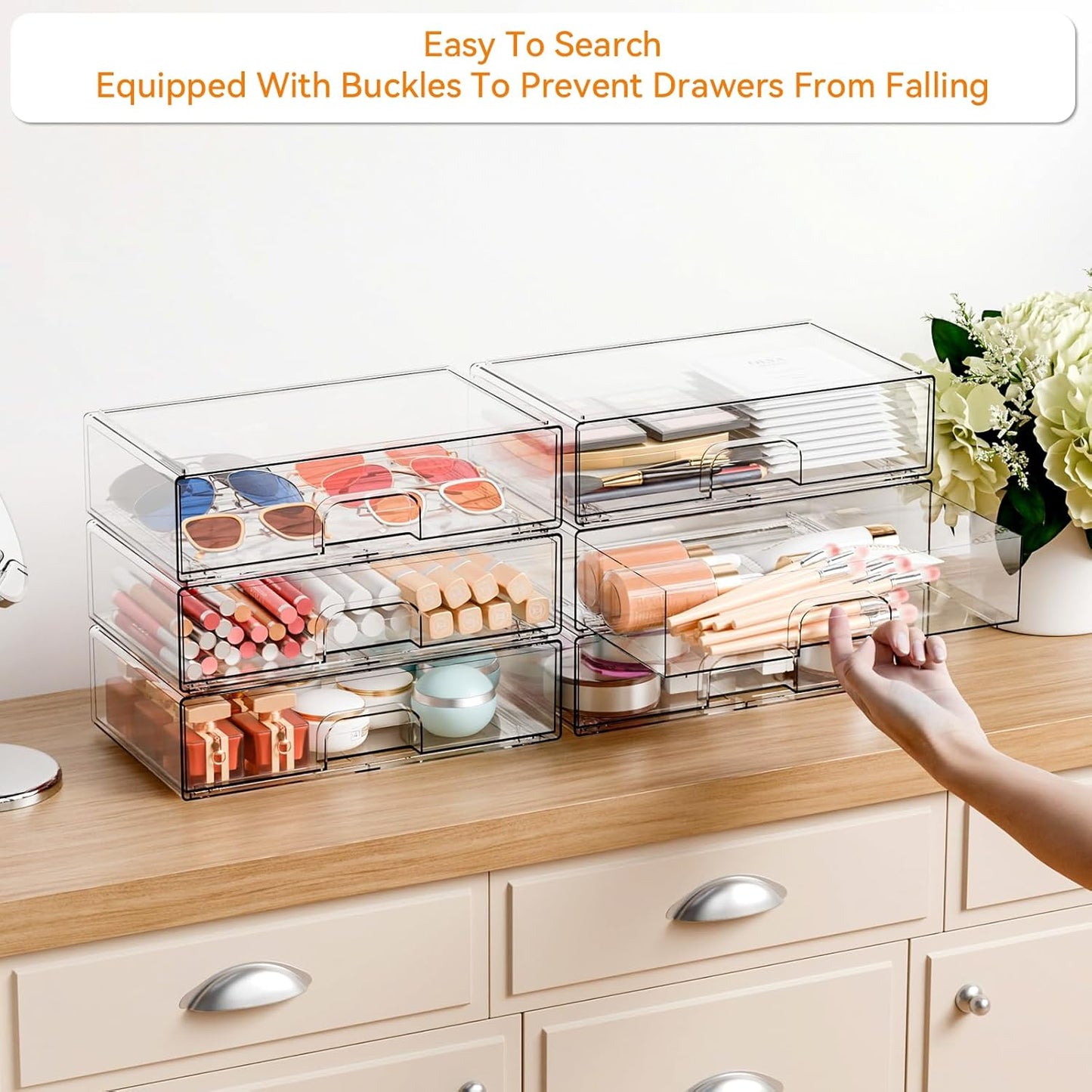 Yieach 4 Pack Clear Stackable Storage Drawers,4.4'' Tall Acrylic Drawer Containers for Organizing,Bathroom Organizers and Storage Bin Box,Plastic Makeup,Medicine Organizer Bins for Cabinet,Undersink