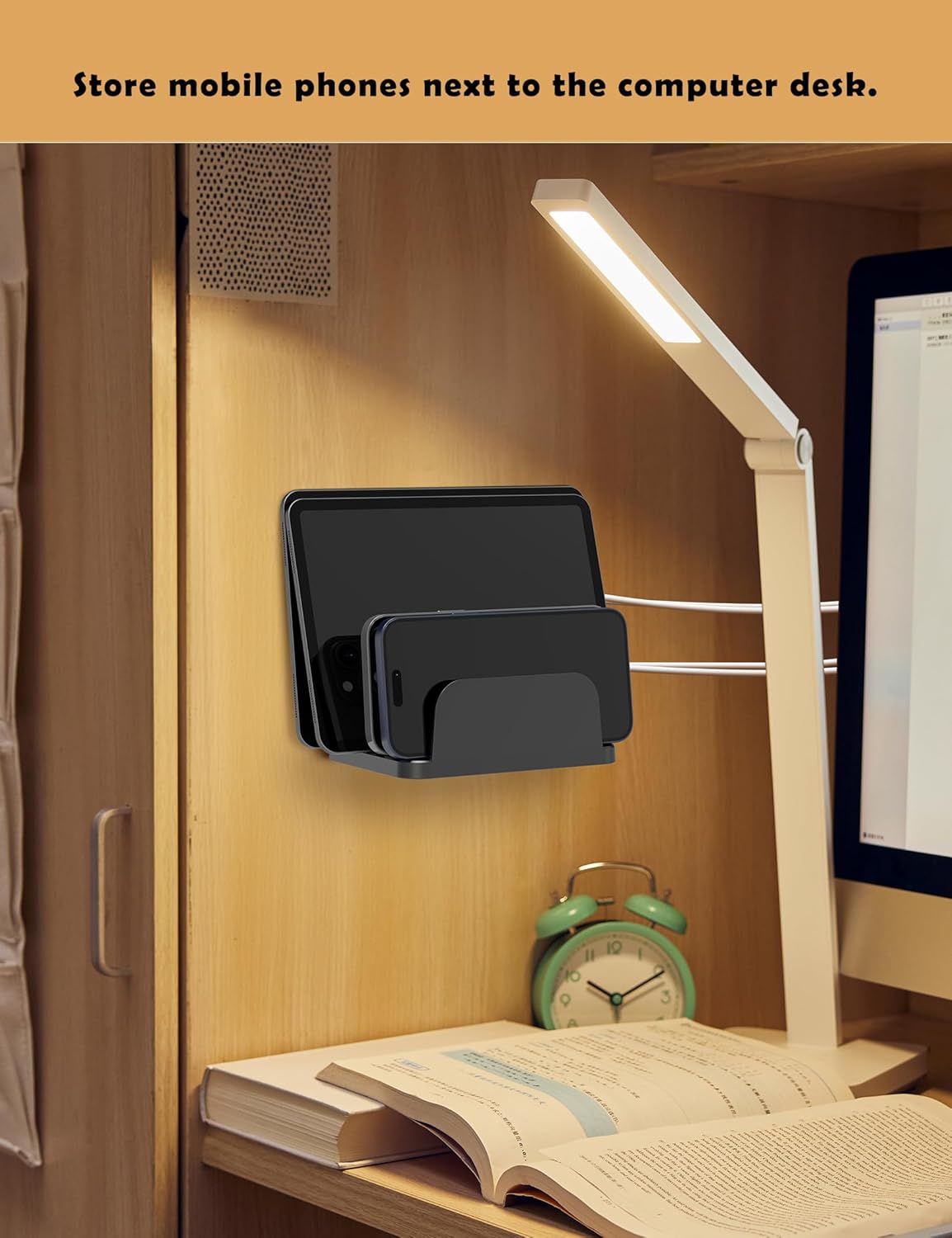 Phone Wall Mount Storage Organizer, Compatible with iPhone and Android, Holds Four Phones or Tablets at Once Charging Holder Station Fit for ipad, Kindle and More (Black)