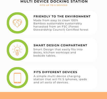 Prosumer's Choice Wooden Charging Station Organizer - 5-Port Base for Phones, Tablets and Laptops - Multi-Device Docking Station with Removable Divider Slots - Cord Box with Cable Management - Bamboo