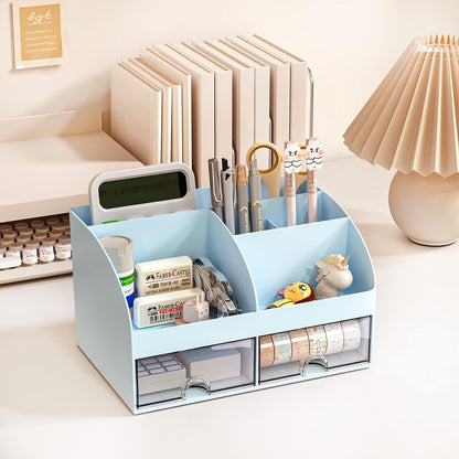 COMFYROOM Desk Organizer with 6 Compartments and 2 Drawers, Plastic Makeup Organizer, Pen Holder for Desktop Storage, Desk Organization for School, Home, Office Supplies (White)