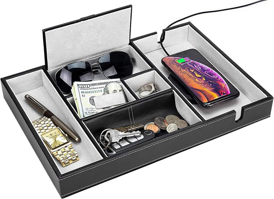 Leather Valet Tray for Men - EDC Catch All, Dresser Organizer, Jewelry & Wallet Desk Accessory, Bedside Entryway Key Catchall