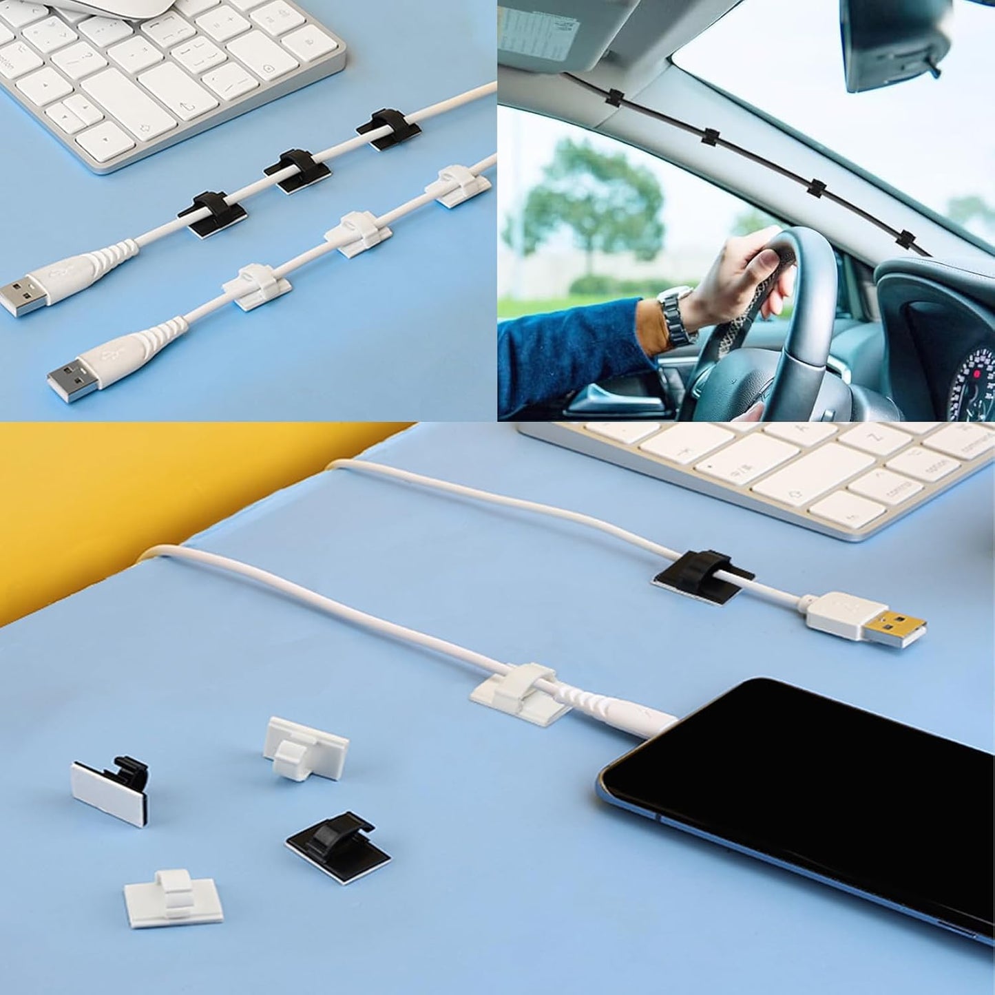 Adhesive Cable Holder Management Wire Clips 50 Pcs Black，Suitable for Cables with a Diameter of ≤ 6mm in Cars, Houses, and Offices