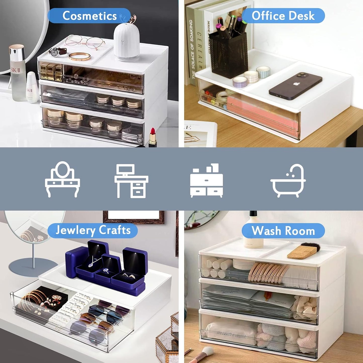 Harhana Printer Paper Holder Desk Organizer with Drawer, Stackable Desktop Storage Drawers 13.5 inch Wide - Pearl White (1 PCS)