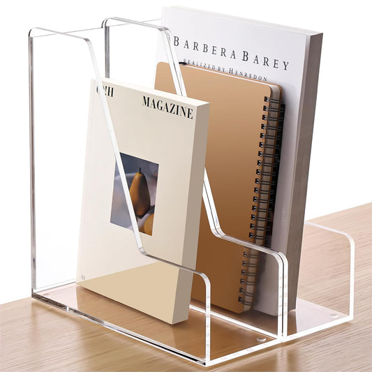 YUXUN Acrylic Magazine Holder,Clear Desk Organizer File Sorter for Notebook,Paper,Envelope,Magazine, Book Storage-Office/Home/Classroom Organization(4 Compartments,B5)
