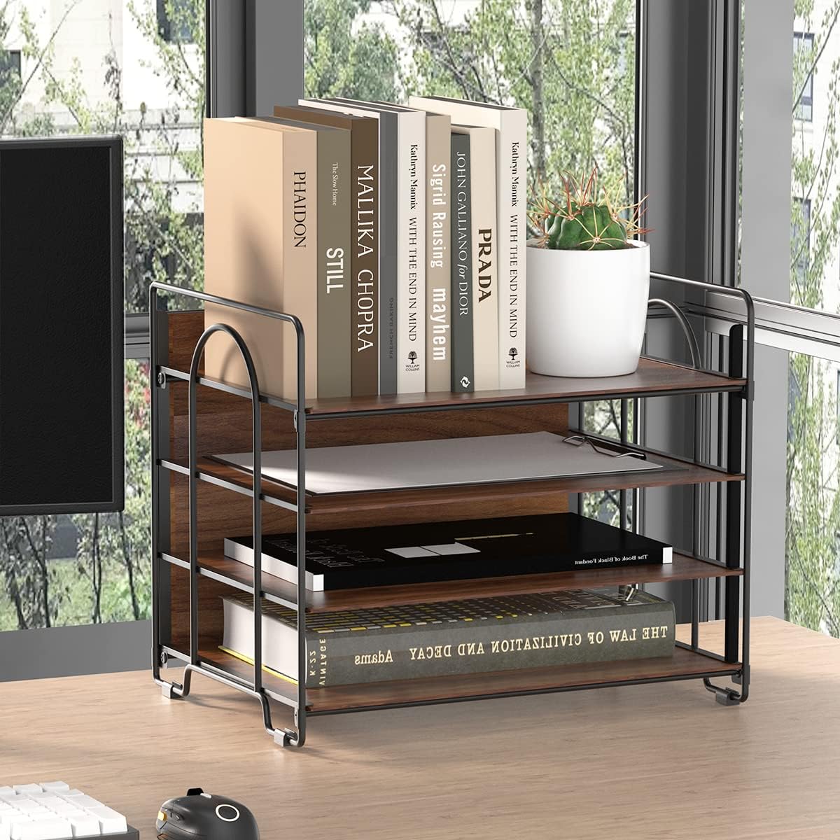LUCYCAZ 4 Tier Paper Organizer for Desk - Wood Desk Organizer, Metal Paper Tray Organizer, File Organizer for Office Home School, Black