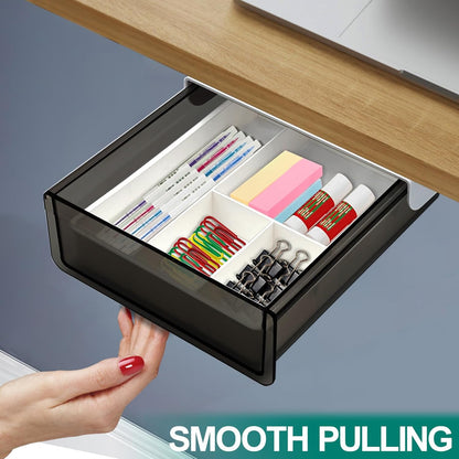 SVNNELP Under Desk Table Drawer Storage Organizer, Slide Out Drawer with 4 Compartments Divider,Pencil Storage Self-Adhesive Tray Under Table (M/Clear Black+White)