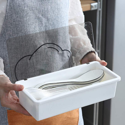 Transparent Flatware Tray Kitchen Drawer Organizer With Lid - Plastic Kitchen Cutlery Tray and Utensil Silverware Storage Container with Cover - Dinnerware Holder for Spoons Forks Knives