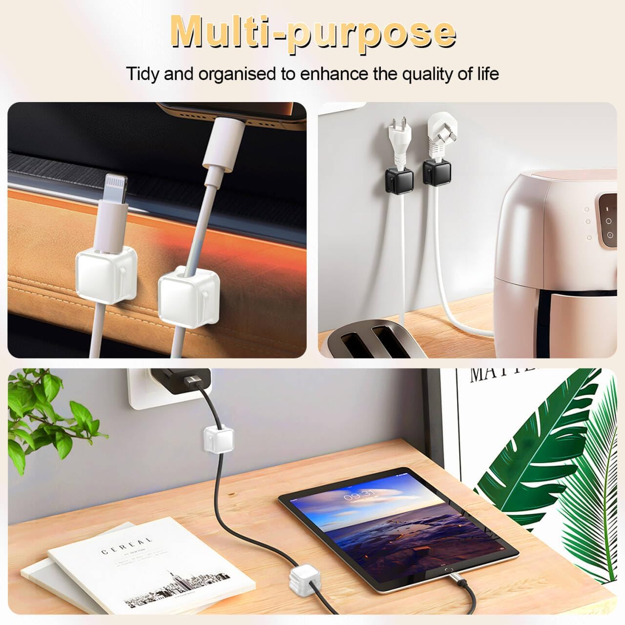 18 Pack Cord Organizer Holder,Magnetic Cable Clips Management, Easy Adhesive Phone USB Charger Cord Keeper, Hide Or Organize Desk Cable for Kitchen, Office, Car, Nightstand （Black）