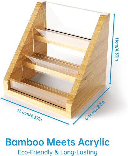Sleek Bamboo Acrylic Business Card Holder for Reception, Office Desk, Meetings, Trade Shows, Home Office, Versatile Use Professional Display, Natural Modern Blend Elegant Organizer (3 Tiers)