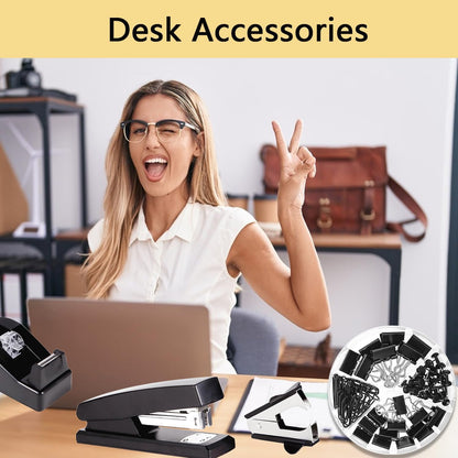 suniya Office Supplies,Gold Desk Accessories,with Stapler,Tape Dispenser,Pen Holder,Scissors,Phone Stand,Staple Remover,Ballpoint Pen,Clear Tape, Staples,Ruler,Clips,Best Gift for Business or Boss