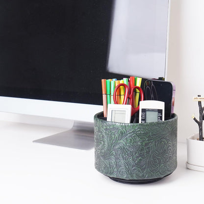 lizimandu Round Leather Art Supply Organizer,Remote Control Holder,360 Degree Spinning,Multi-Functional Pencil Holder,4 Compartments Desktop Stationary Organizer(1-Gold) - Colors B