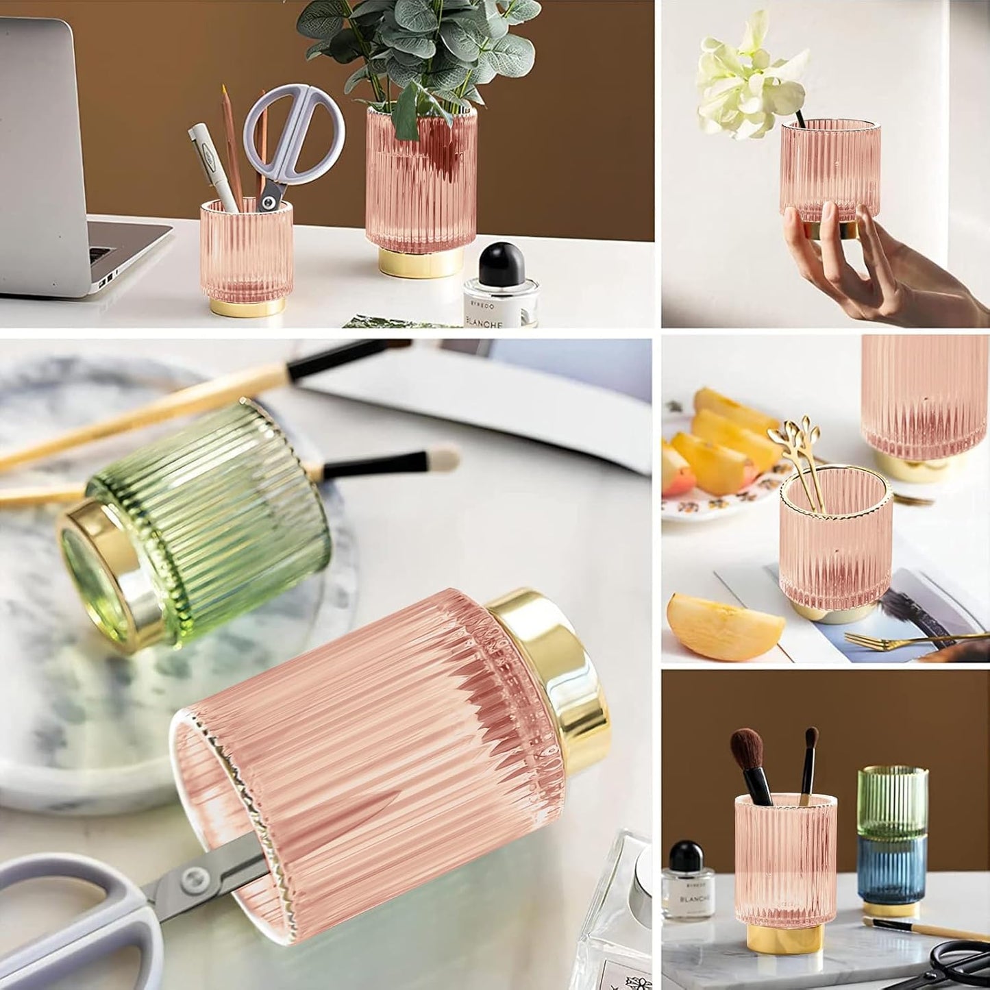 DASITON Makeup Brush holder Organizer,Crystal Cosmetic Makeup Brush Glass Brushes Storage Holder, Vintage Make Up Brush Cup Pen Pencil Holder striped vase(Coffee S)