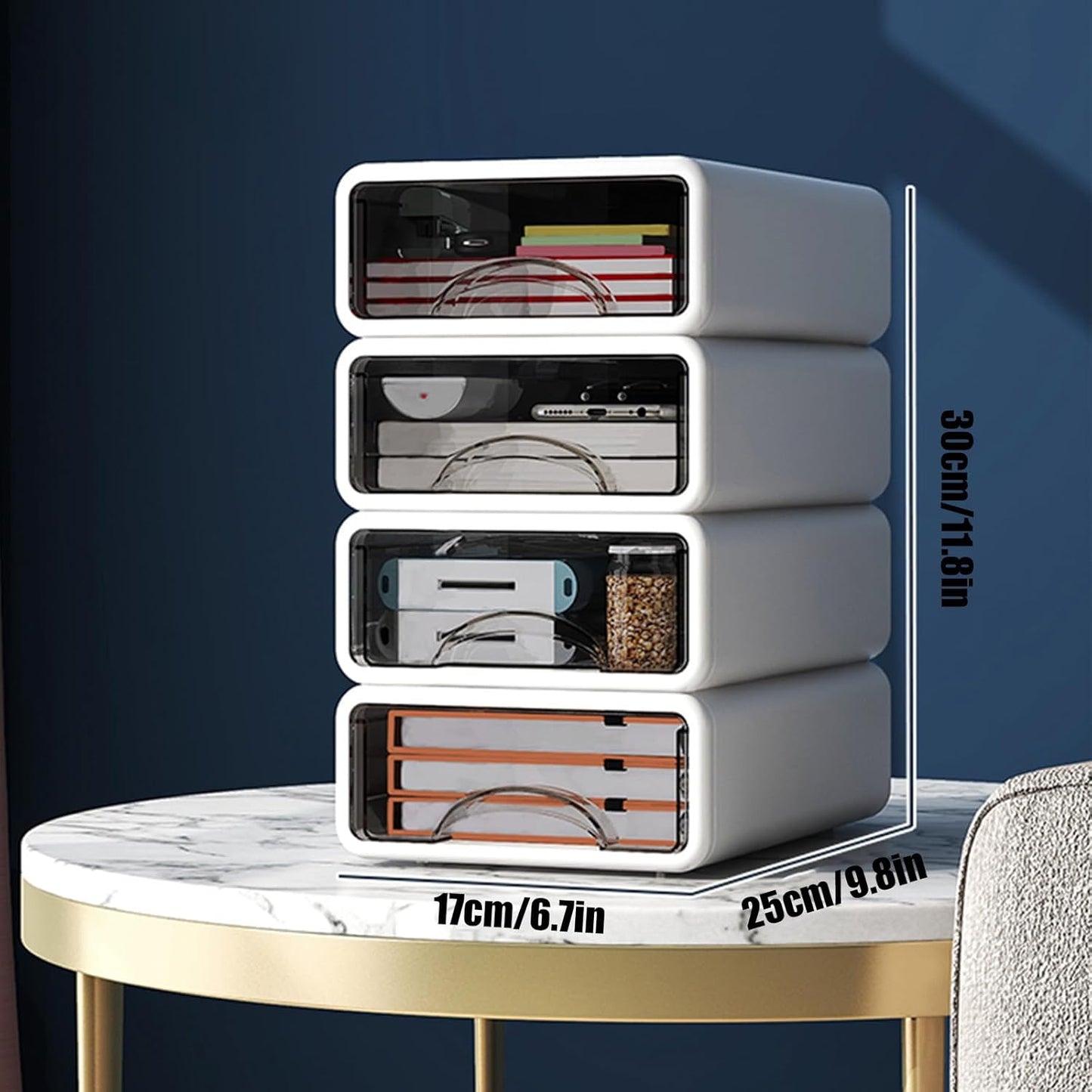 Desk Organizer with Drawers, Stackable Storage Drawers with Compartments Desktop Organization for Office Supplies, Makeup, Pencils, Tape, Erasers, Paperclips, Chargers (4 Pack)