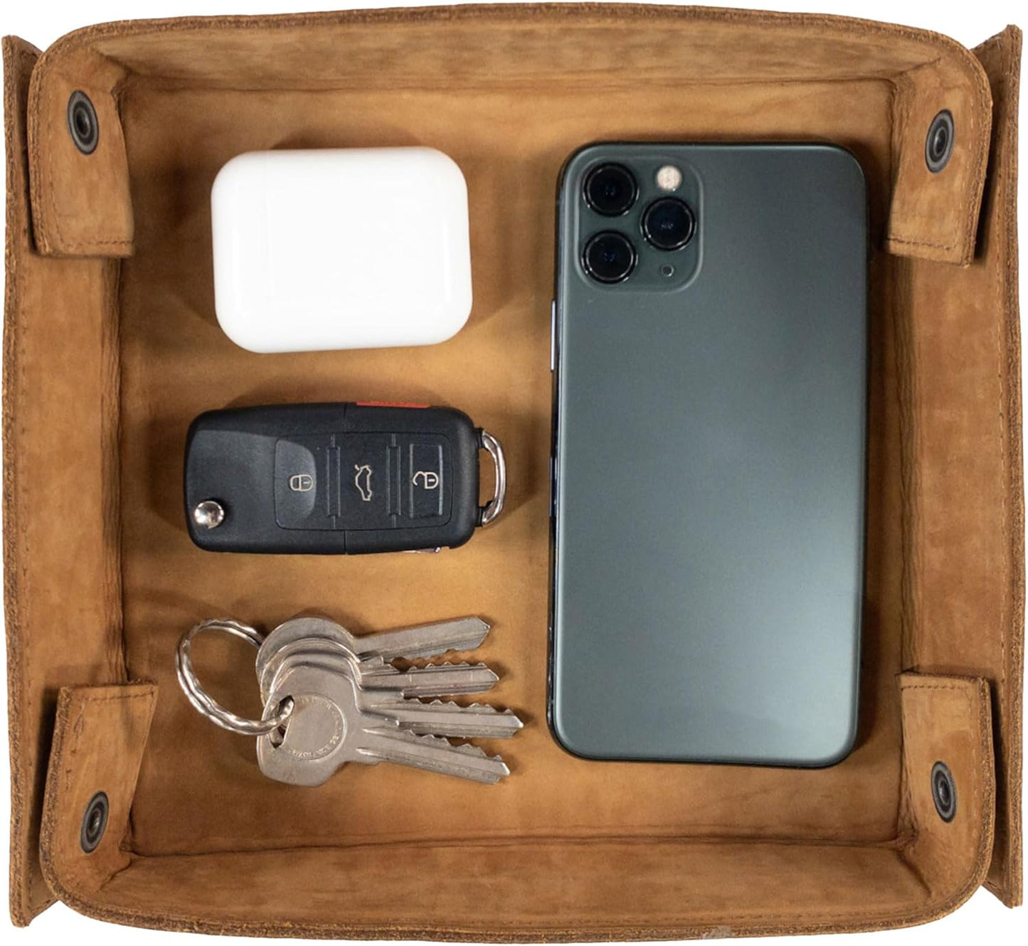 Hide & Drink, Leather Catchall Tray, Easy Access Organizer for Keys, Coins, Change, Jewelry, Watches, Smartphones, Durable, Vintage Style, Handmade :: Bourbon Brown