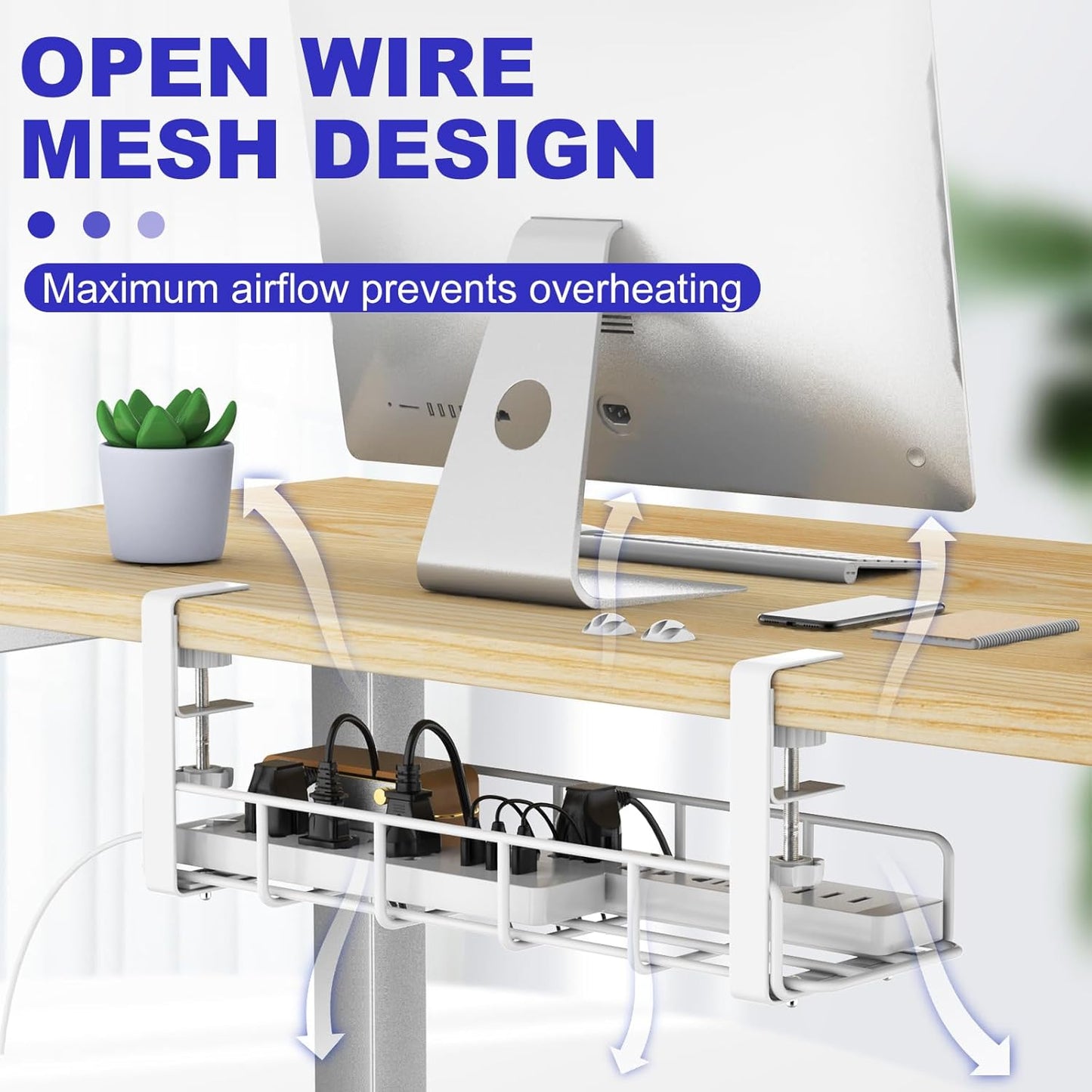 15.7” Under Desk Cable Management Tray, No Drill Steel Cable Tray Organizers, Wire Management Tray Cable Rack with Clamp Mount, Metal Under Desk Tray with Wire and Cord Organizer (Black, 1 Pack)