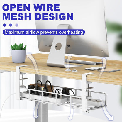 15.7” Under Desk Cable Management Tray, No Drill Steel Cable Tray Organizers, Wire Management Tray Cable Rack with Clamp Mount, Metal Under Desk Tray with Wire and Cord Organizer (Black, 1 Pack)