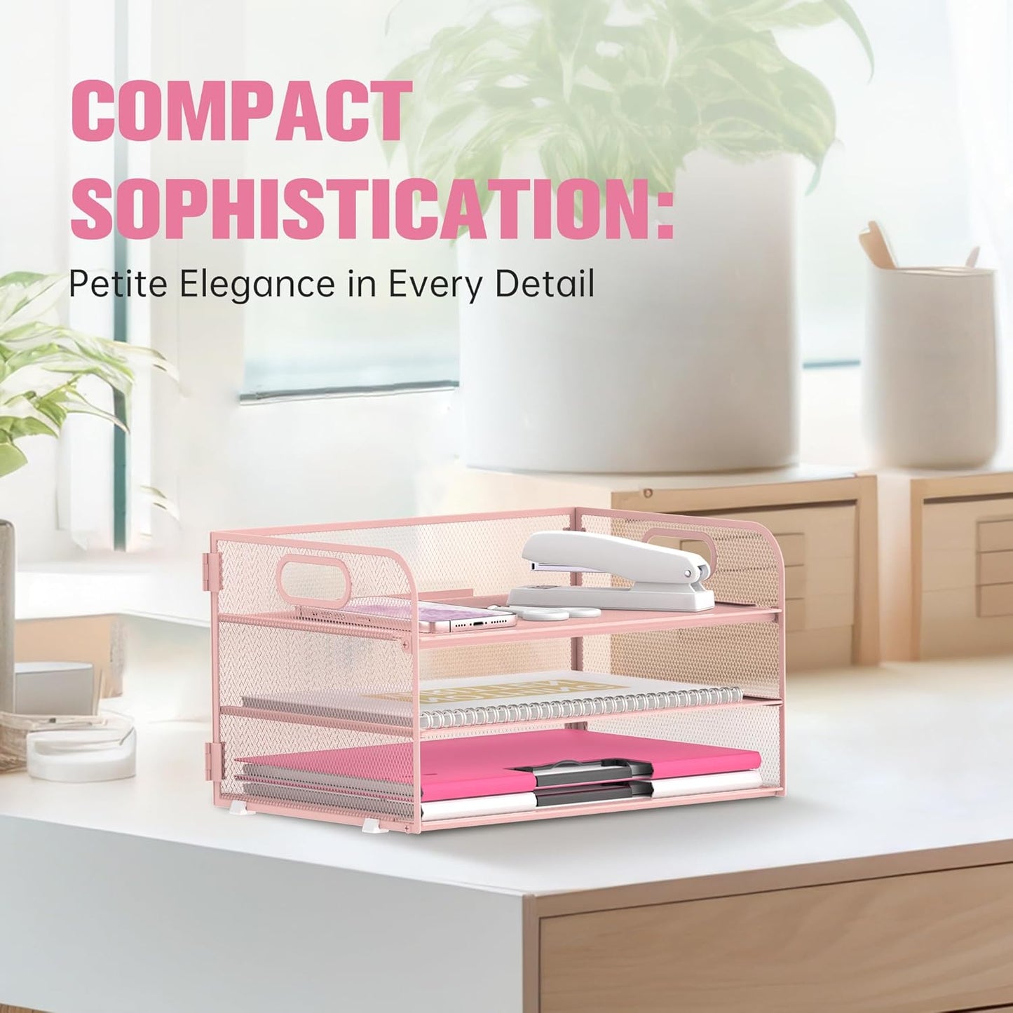 DALTACK 3 Tier Paper Organizer with Handle, Mesh Metal Desk Organizer with Sliding Paper Trays for Letter/A4 Paper, Mail, Bills & Folders, Black