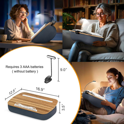 Reading Book Pillow Stand with 3-Color Adjustable Light, Hands-Free Book Holder for Bed or Lap, Wooden Surface, AAA Batteries Required