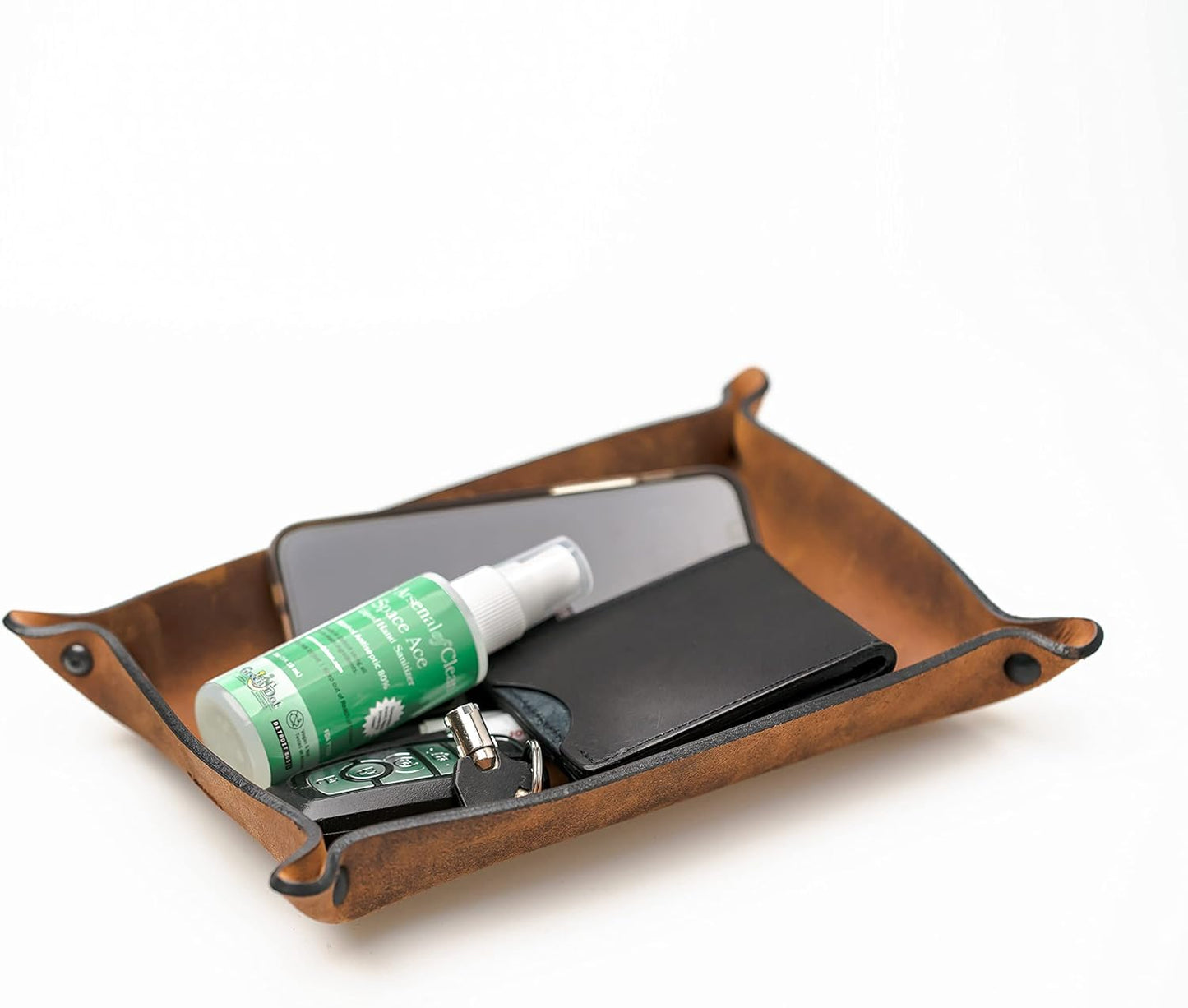Main Street Forge Leather Valet Tray for Men – Rustic EDC Organizer for Keys, Phone & Wallet – Made in USA – Whiskey Barrel Brown