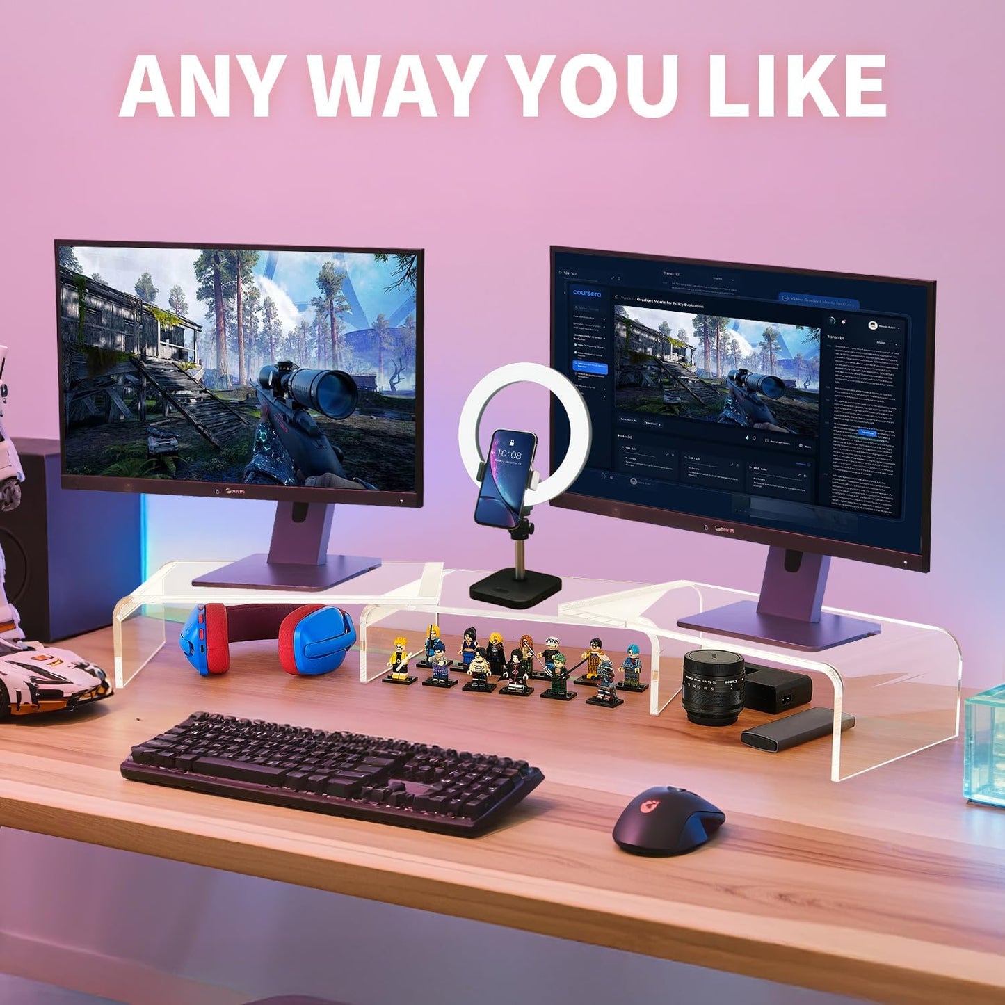 LEKETREE Dual Monitor Stand Riser with Drawer, Desk Organizer and Accessories, Pink Monitor Stand for Desk, Desktop Stand for Computer, Laptop, TV and More (Pink)