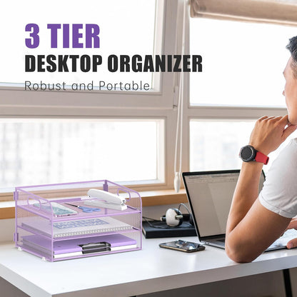DALTACK 3 Tier Paper Organizer with Handle, Mesh Metal Desk Organizer with Sliding Paper Trays for Letter/A4 Paper, Mail, Bills & Folders, Black