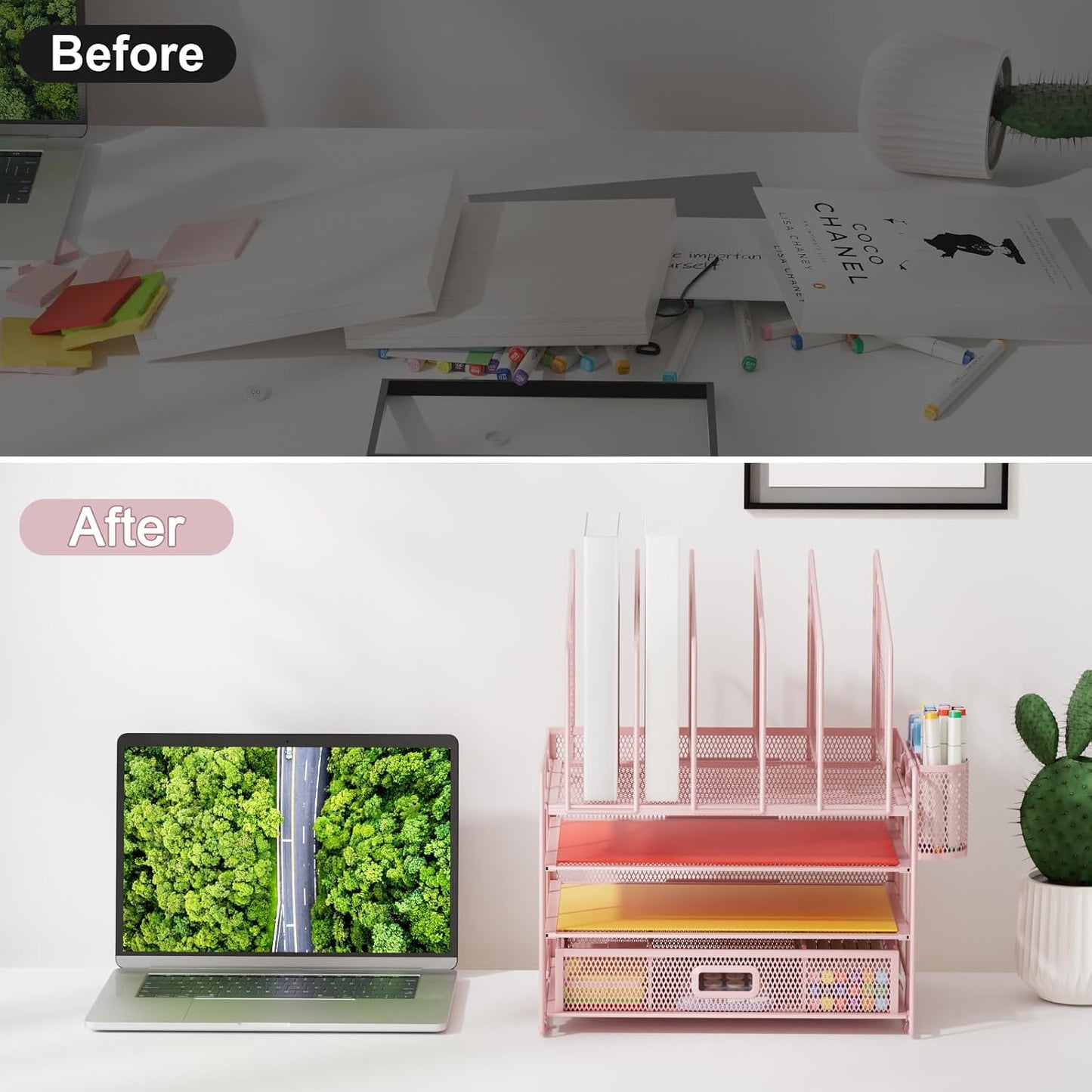 Marbrasse Desk Organizer with Drawer, 4-Tier Mesh File Organizer with 5 Vertical File Holders and 2 Pen Holders, Multifunction Desktop Organizer,Desk Organizers and Accessories for Home Office