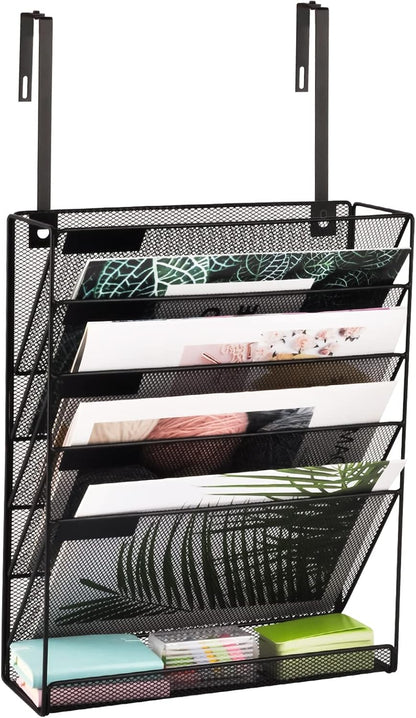 EASEPRES Desk File Organizer Mesh 6-Tier, Hanging Wall Mount Document Organization Stand, Desktop Vertical Mail Paper Folder Holder Rack with Bottom Tray for Office Home Cubicle Countertop, Black