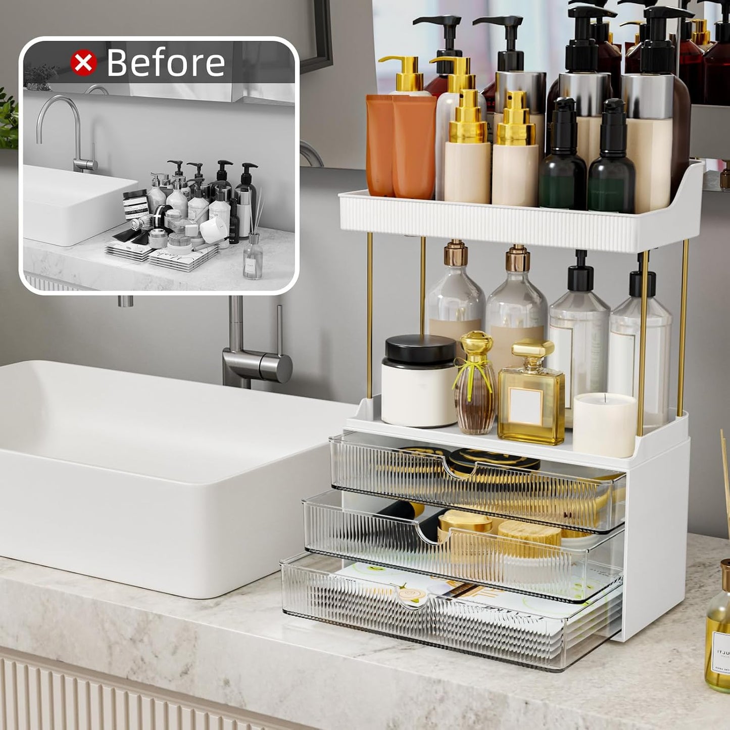 StorBin 3 Large Drawers Makeup Organizer - 5 Tier Bathroom Counter Organizers and Storage, Versatile Perfume Vanity Organizer, Ideal for Cosmetic, Large Skincare, Face Mask, Office Supplies, Amber